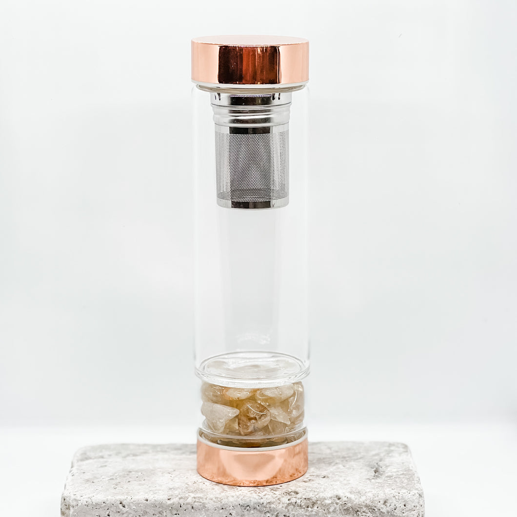 CITRINE - Rose Gold Crystal Bottle with Gemstone Base and Tea Infuser