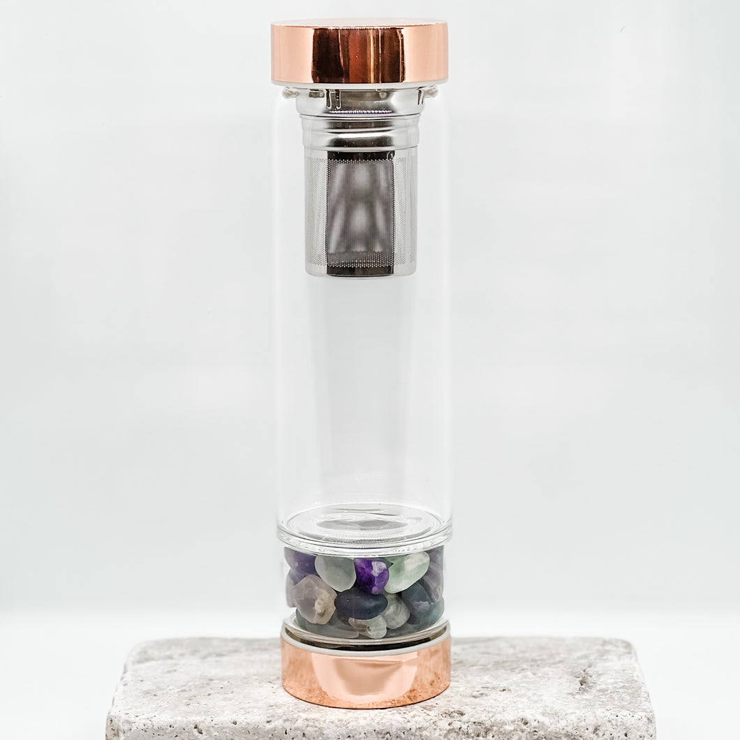 FLOURITE - Rose Gold Crystal Bottle with Gemstone Base and Tea Infuser