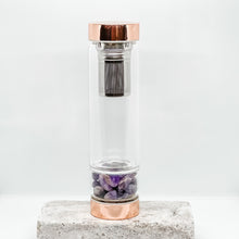 Load image into Gallery viewer, AMETHYST - Rose Gold Crystal Bottle with Gemstone Base and Tea Infuser
