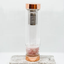 Load image into Gallery viewer, ROSE QUARTZ - Rose Gold Crystal Bottle with Gemstone Base and Tea Infuser
