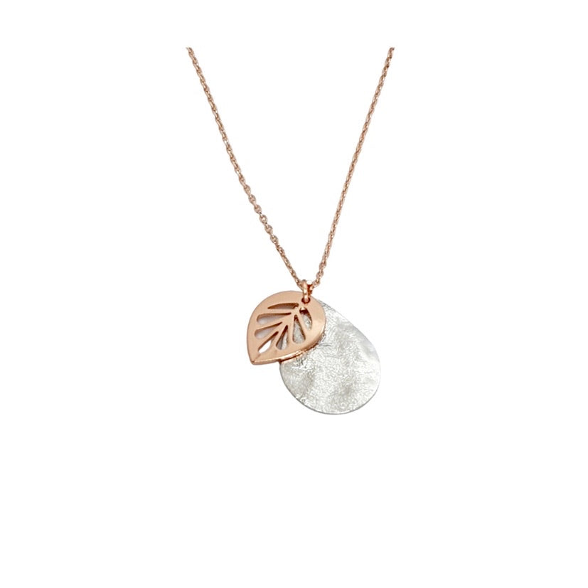 Olive necklace - Rose gold leaf on silver teardrop